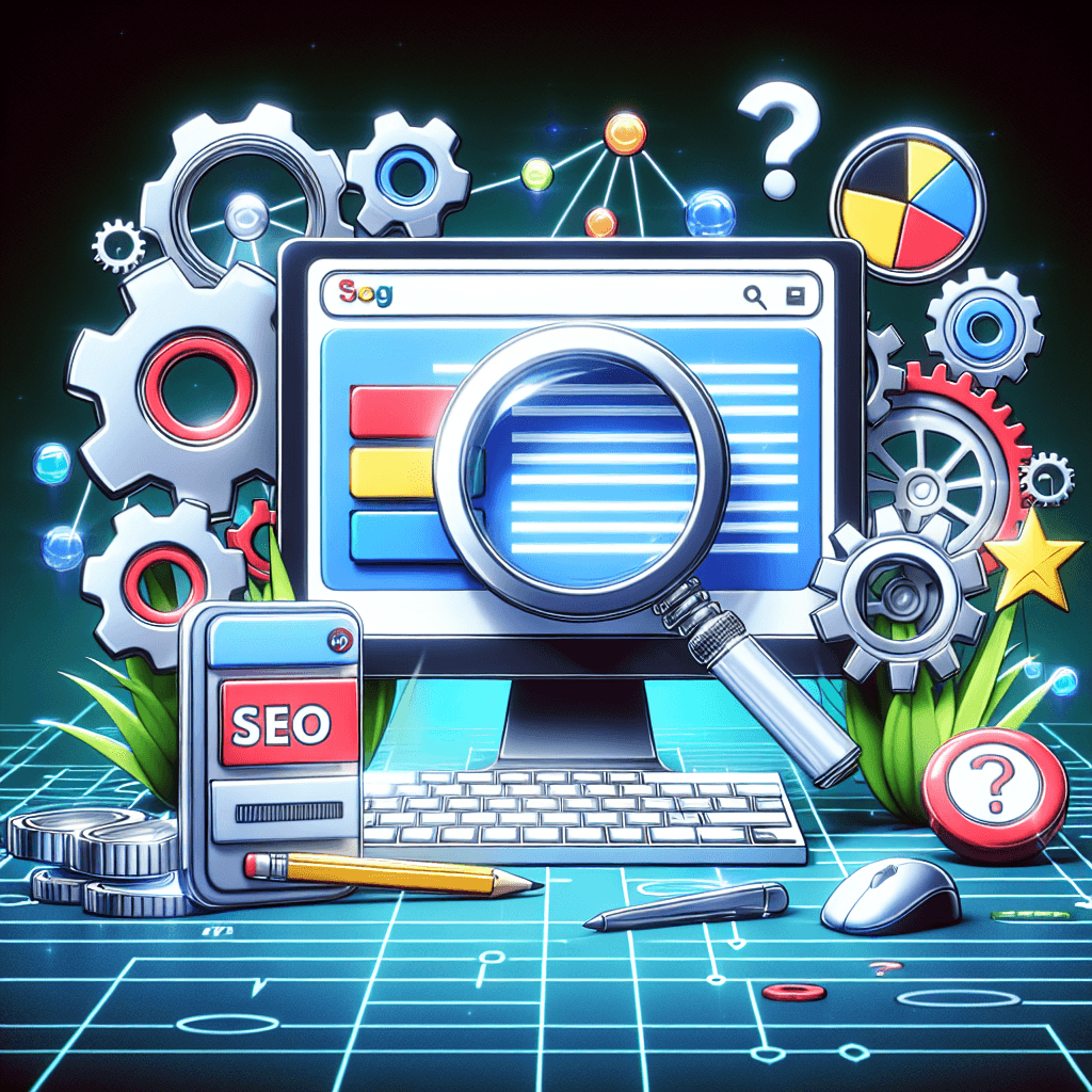 Komputer z elementami SEO i kołami zębatymi