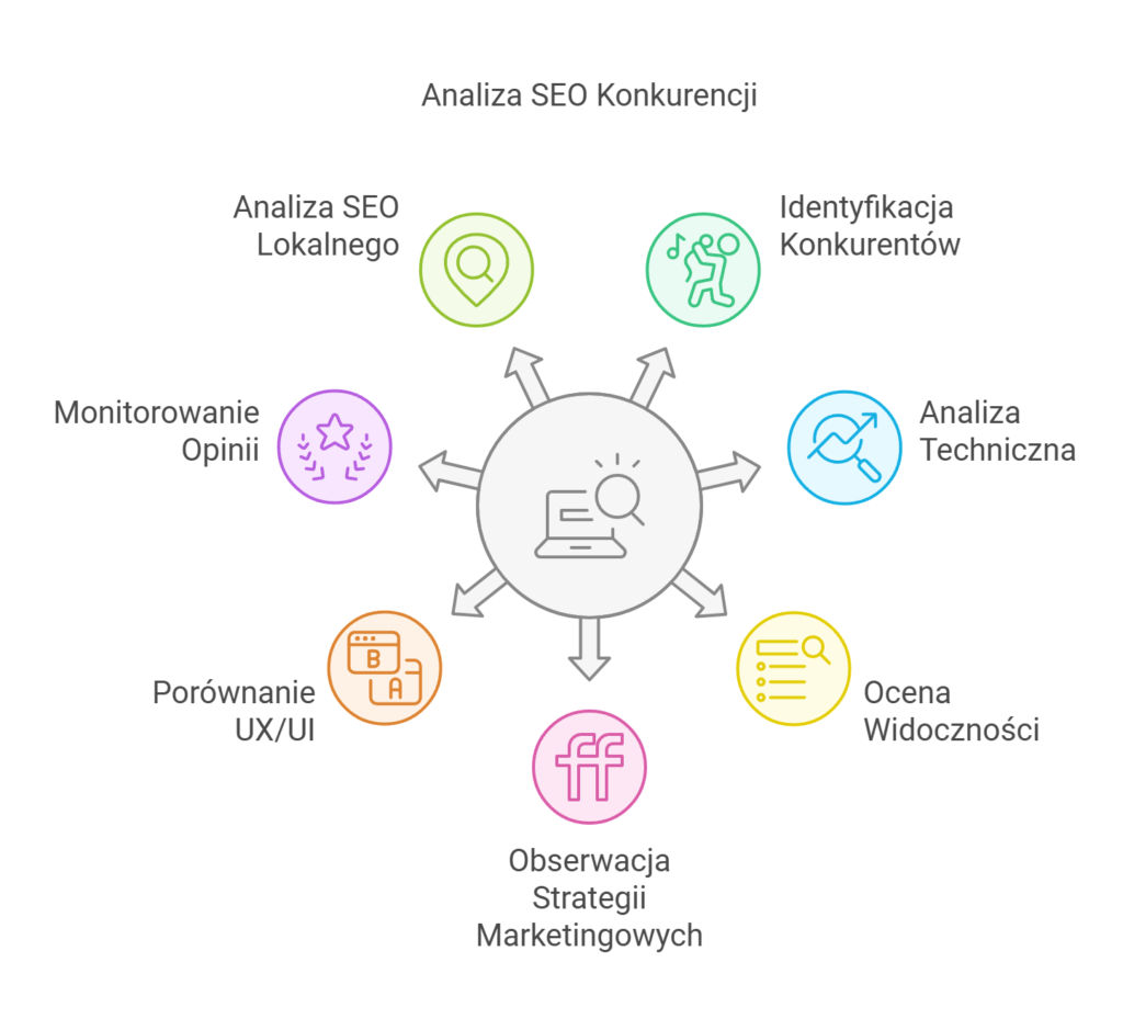 Diagram analiz SEO konkurencji i strategii marketingowych.