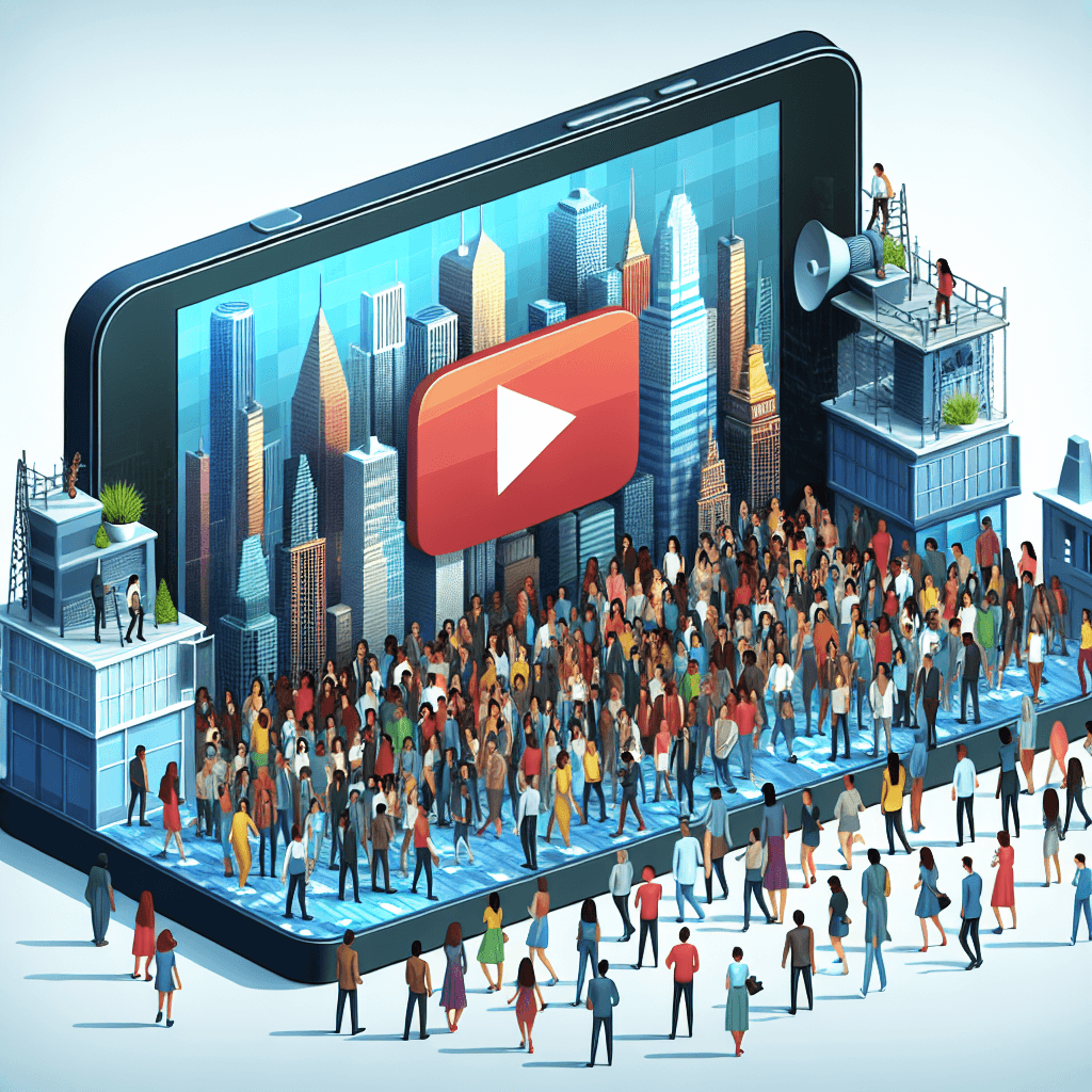 Tłum ludzi na cyfrowym ekranie z ikoną YouTube