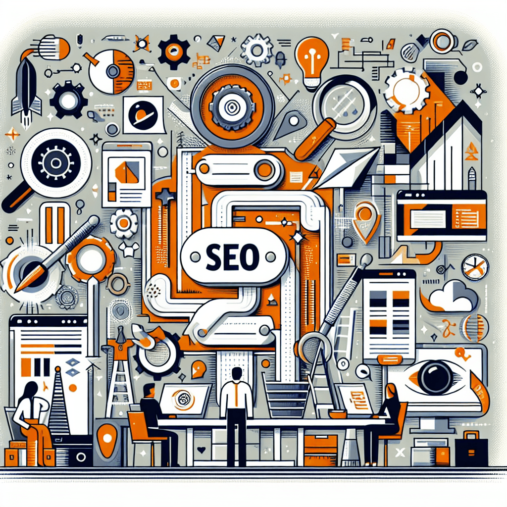 Infografika SEO z narzędziami i ikonami marketingu cyfrowego.