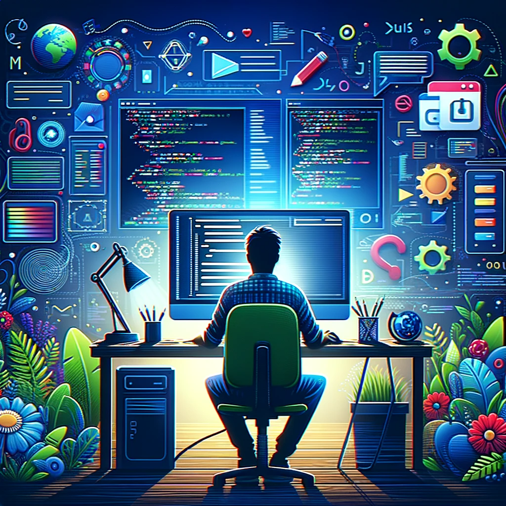 Programista pracujący przy komputerze z ikonami technologii.