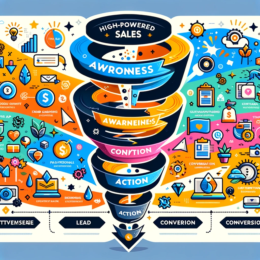 Infografika lejka sprzedażowego z etapami i ikonami marketingowymi.
