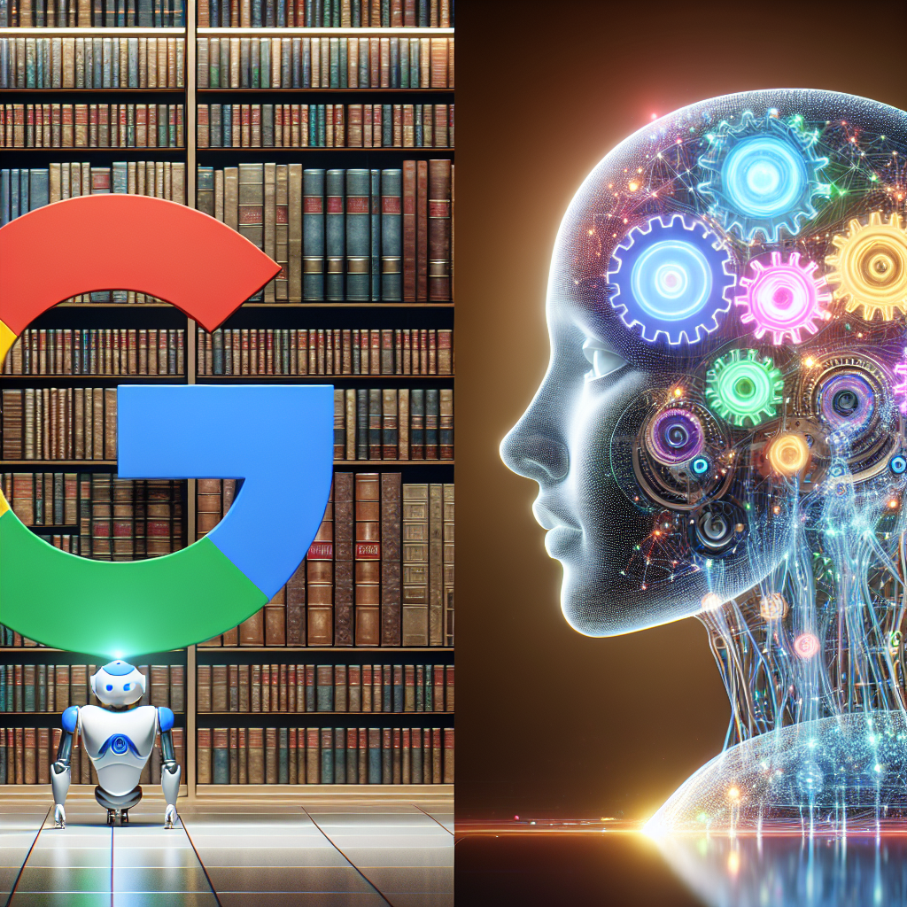 Robot i logo Google w bibliotece, cyfrowy mózg i koła zębate.