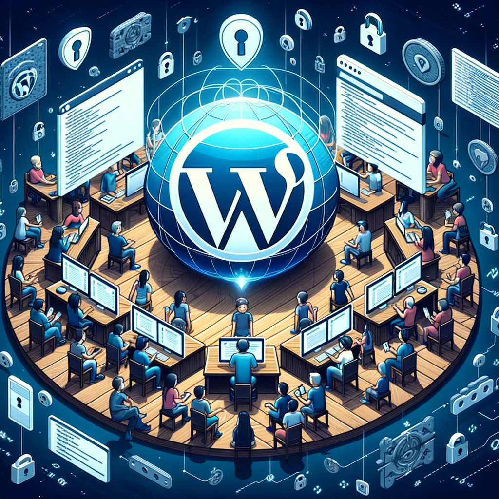 Ilustracja ludzi pracujących przy WordPress.