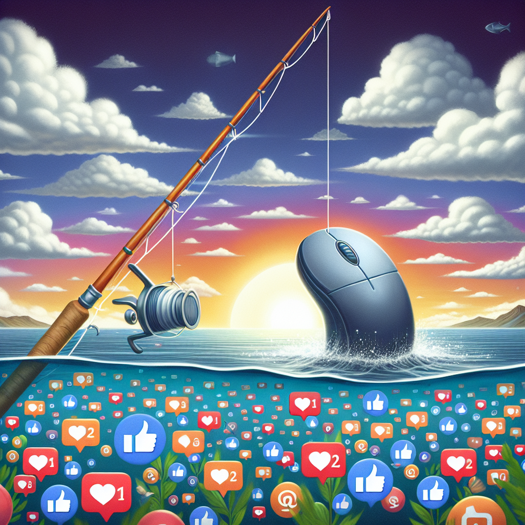 Wędka łowi myszkę komputerową z morza ikon social media.