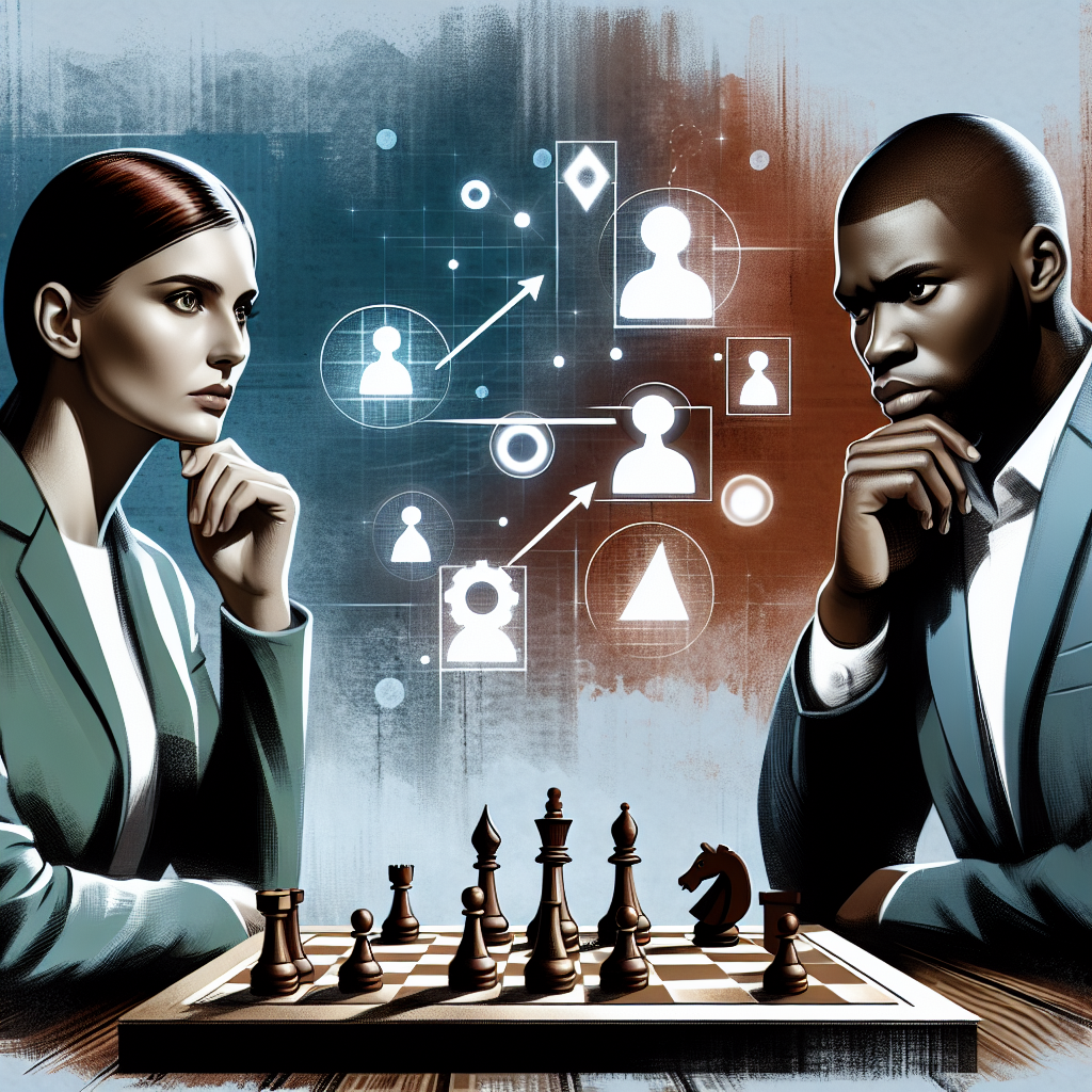 Dwójka biznesmenów gra w szachy z elementami strategii.