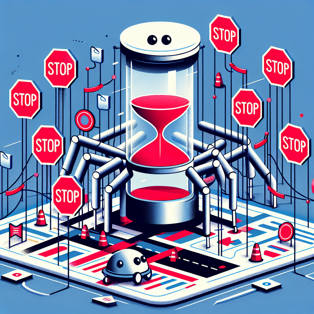 Ilustracja kreskówkowa klepsydry i robotów z znakami stop.