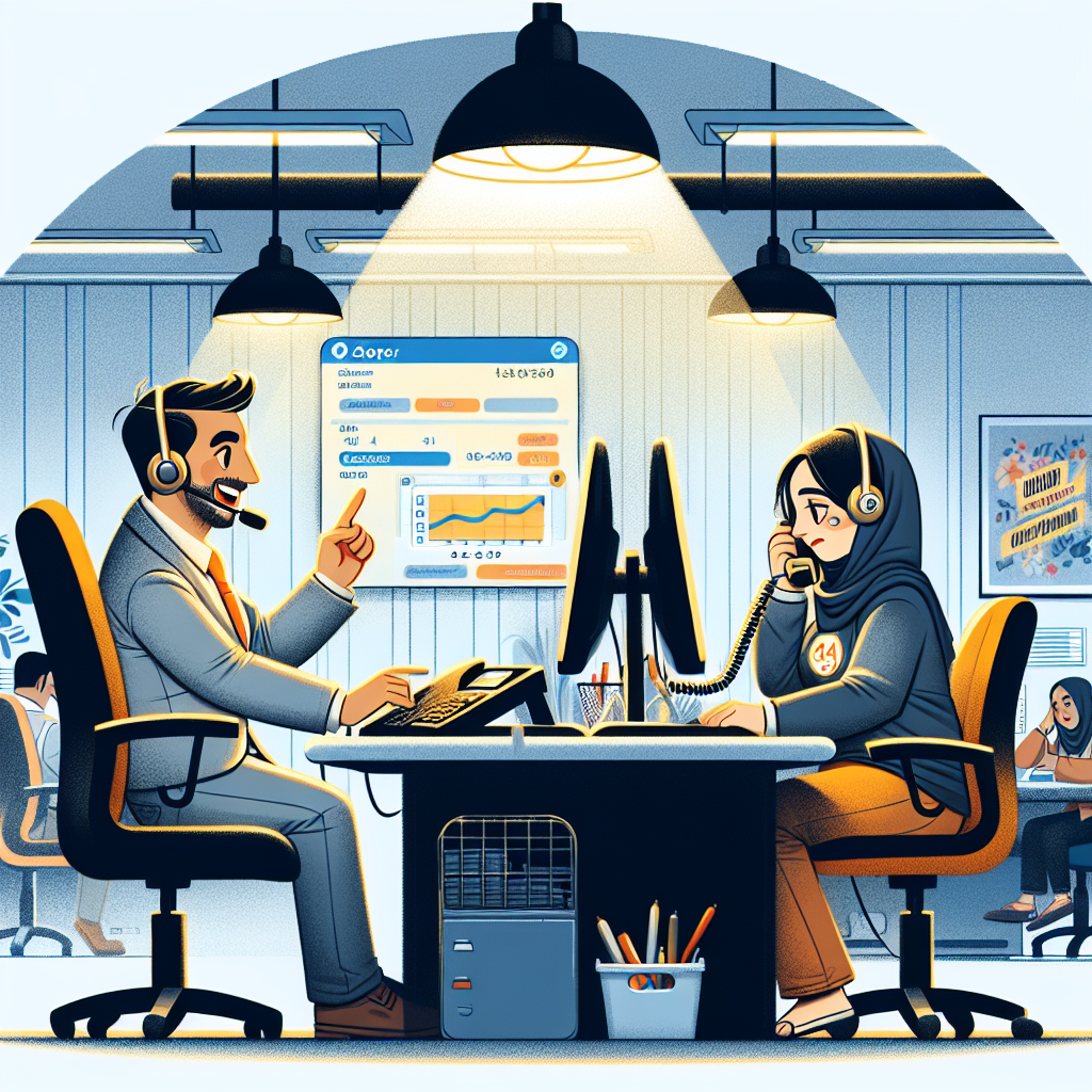 Ilustracja biura obsługi klienta z pracownikami i komputerami.