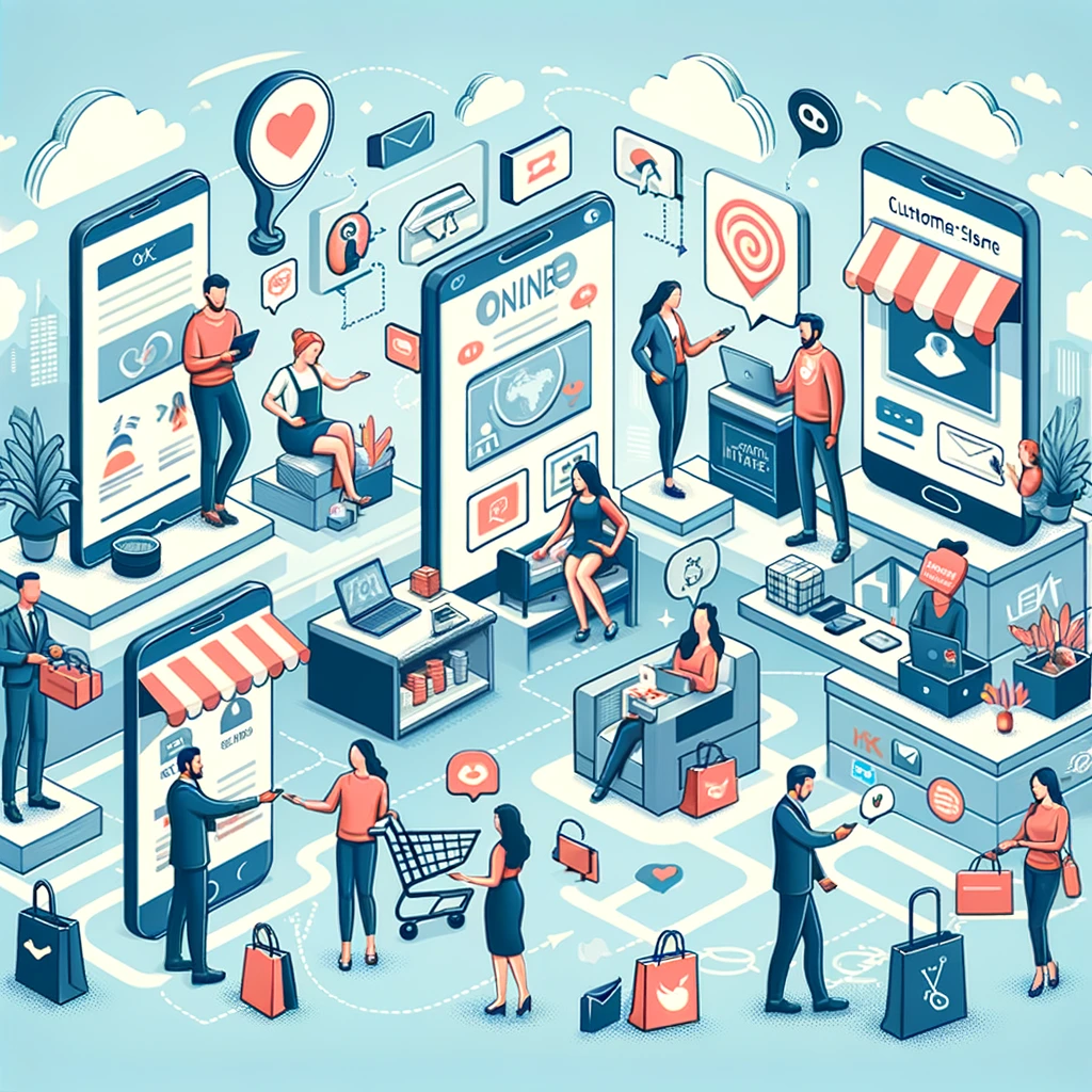Ilustracja interaktywnego ekosystemu zakupów online.