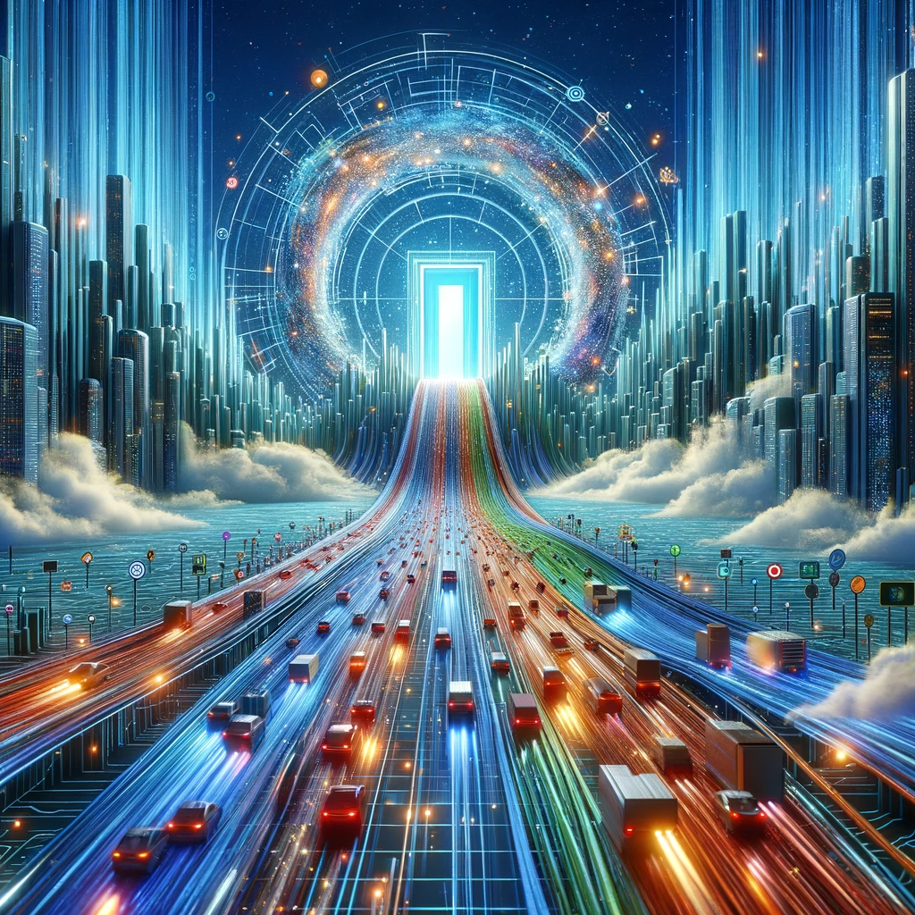 Przyszłościowa cyfrowa autostrada i miasto przy kosmicznej bramie.