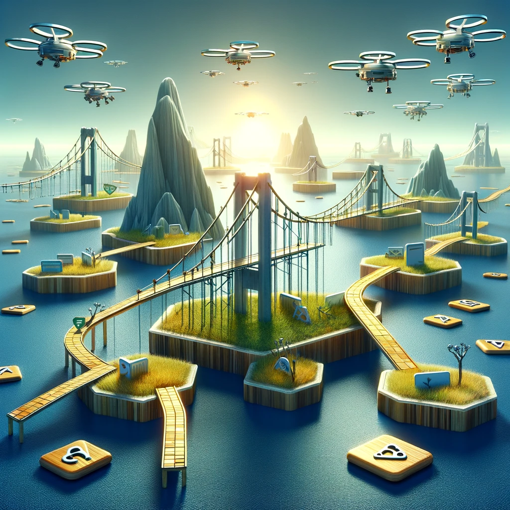 Futurystyczny krajobraz z wyspami i latającymi dronami symbolizujący linki i połaczenia.