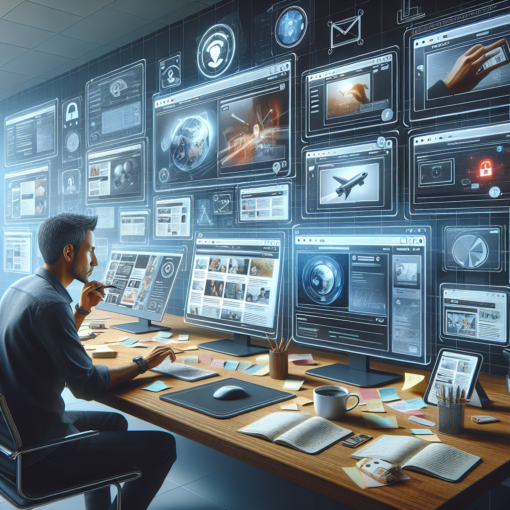 Mężczyzna pracujący przy futurystycznym interfejsie komputerowym.