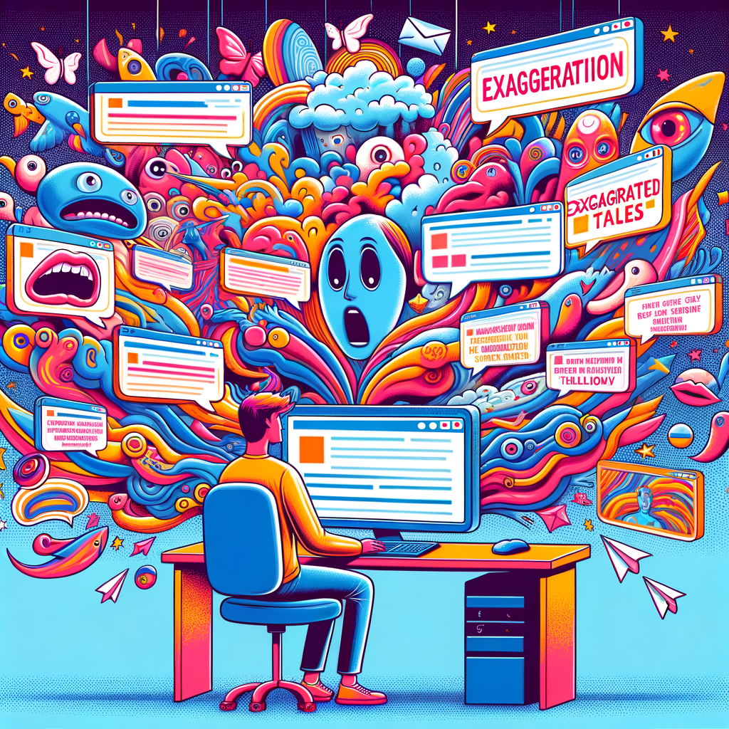 Kolorowa ilustracja człowieka przy komputerze, surrealistyczne otoczenie.