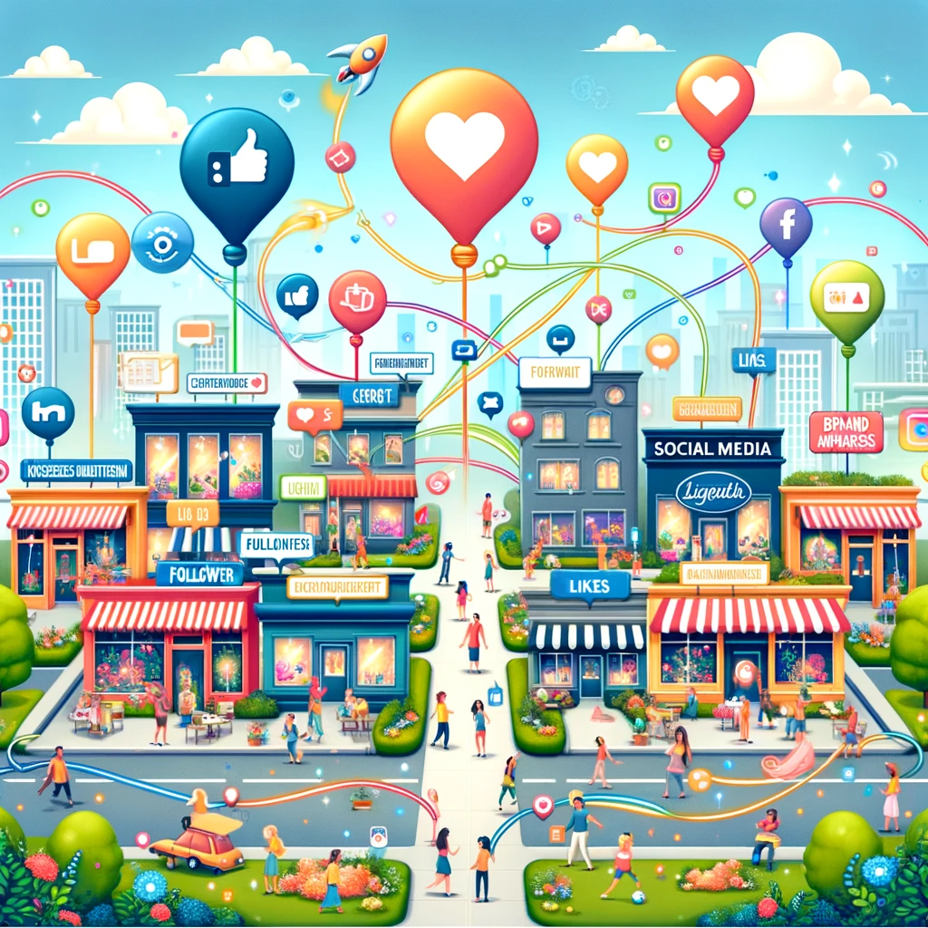 Kolorowa ilustracja miasta symbolizująca media społecznościowe.