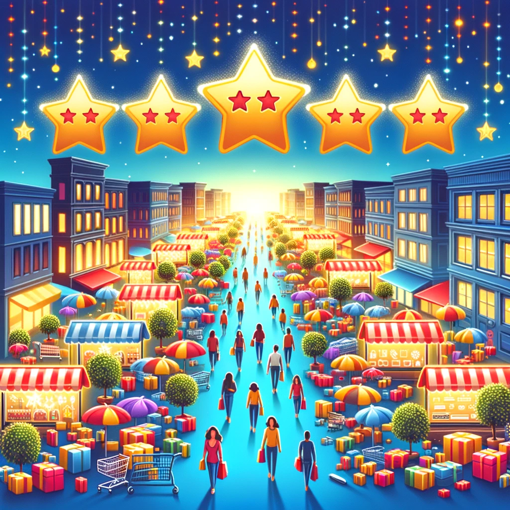 Ilustracja ruchliwej ulicy handlowej z oceną pięciu gwiazdek.