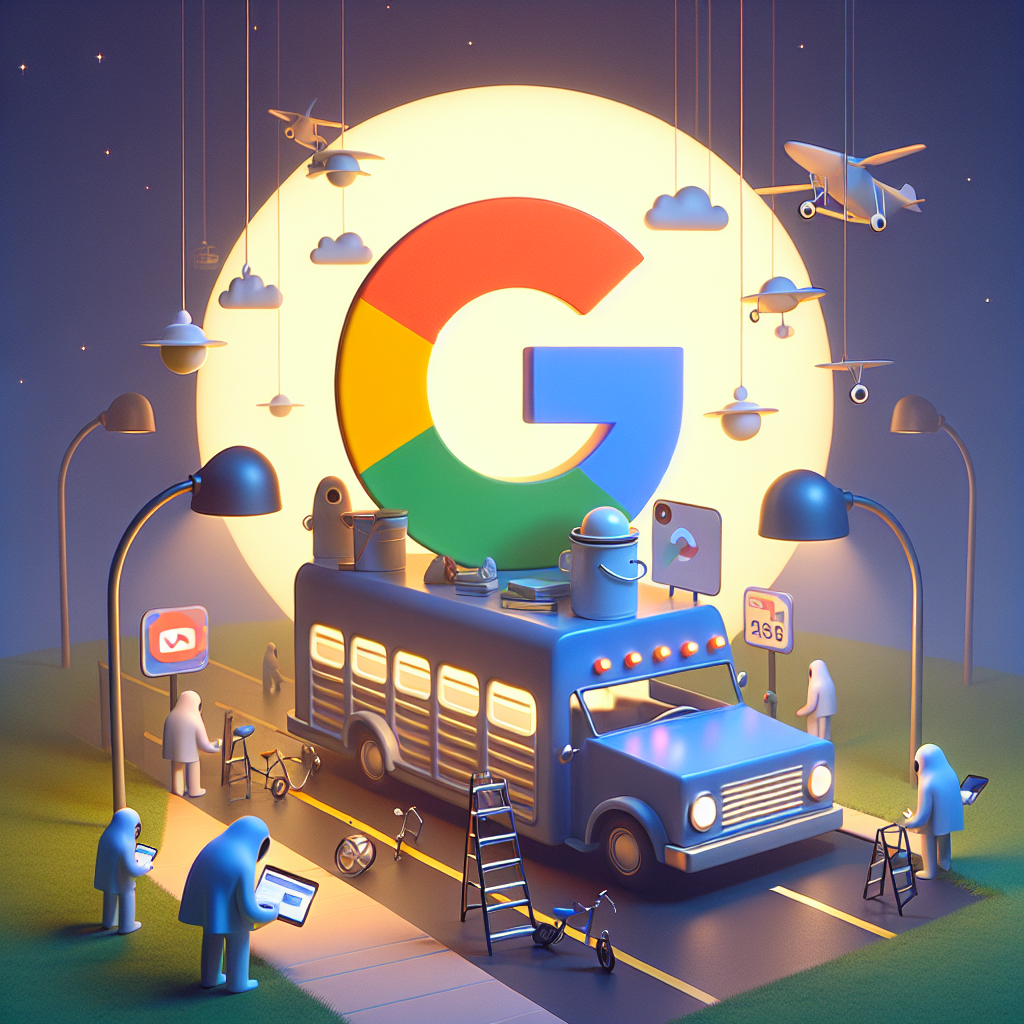 Ilustrowany pojazd Google z postaciami i ikonami usług.