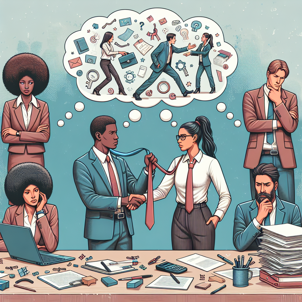 Ilustracja biurowa: współpraca, myślenie, przeciążenie pracą.