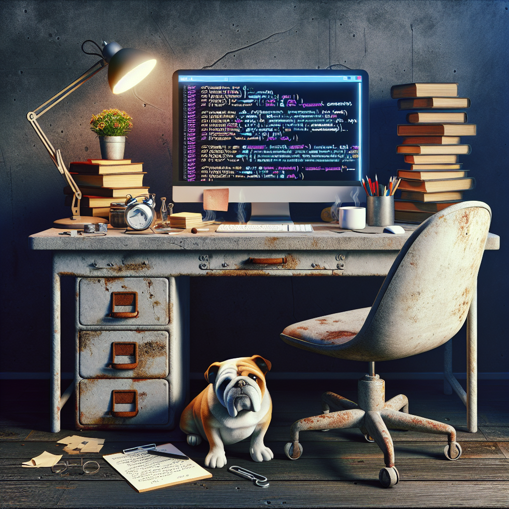 Domowe biuro programisty z psem buldogiem.