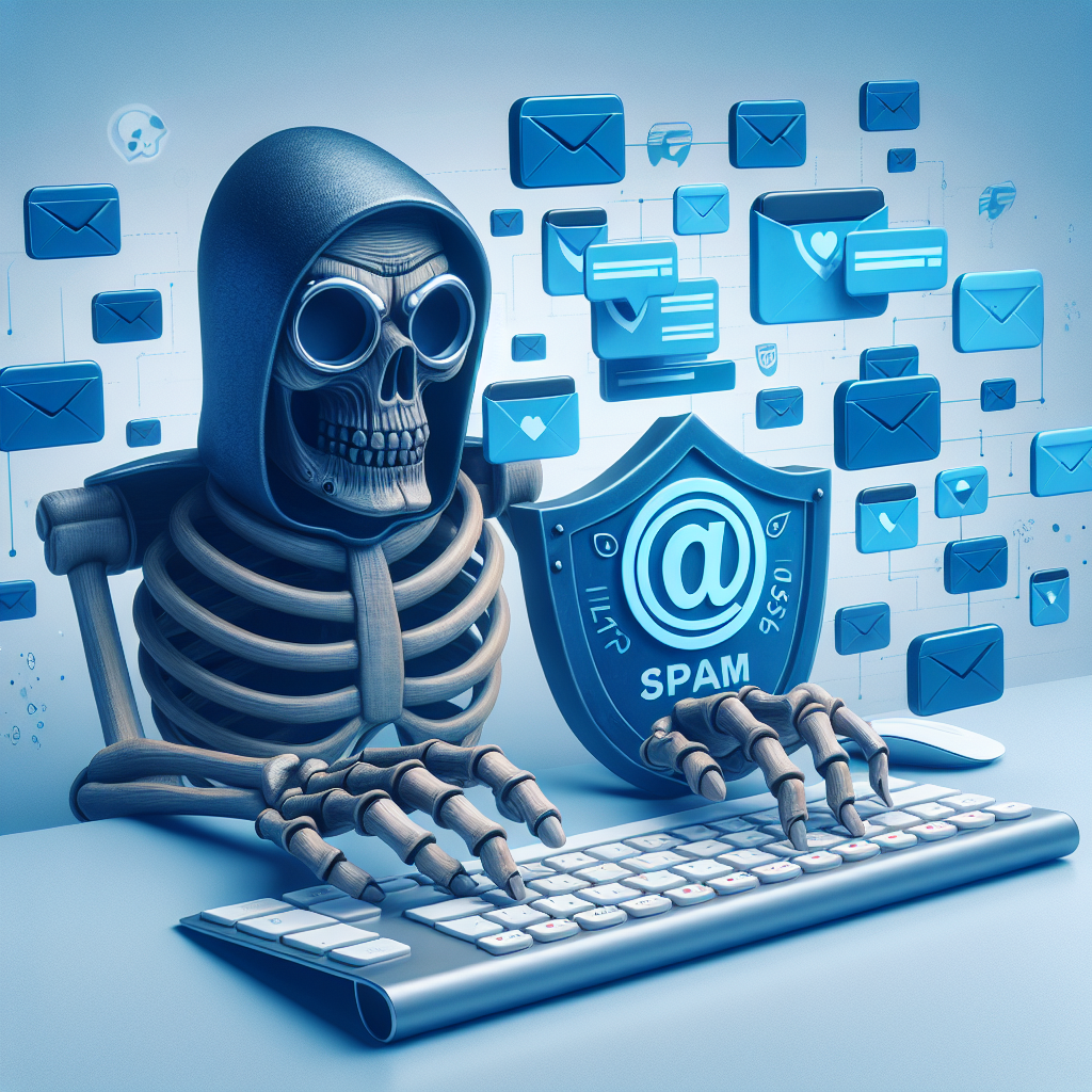 Szkielet typuje na klawiaturze otoczony spamem i ikonami e-mail.