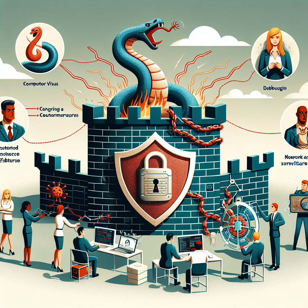 Ilustracja przedstawiająca cyberbezpieczeństwo i obronę przed wirusami.