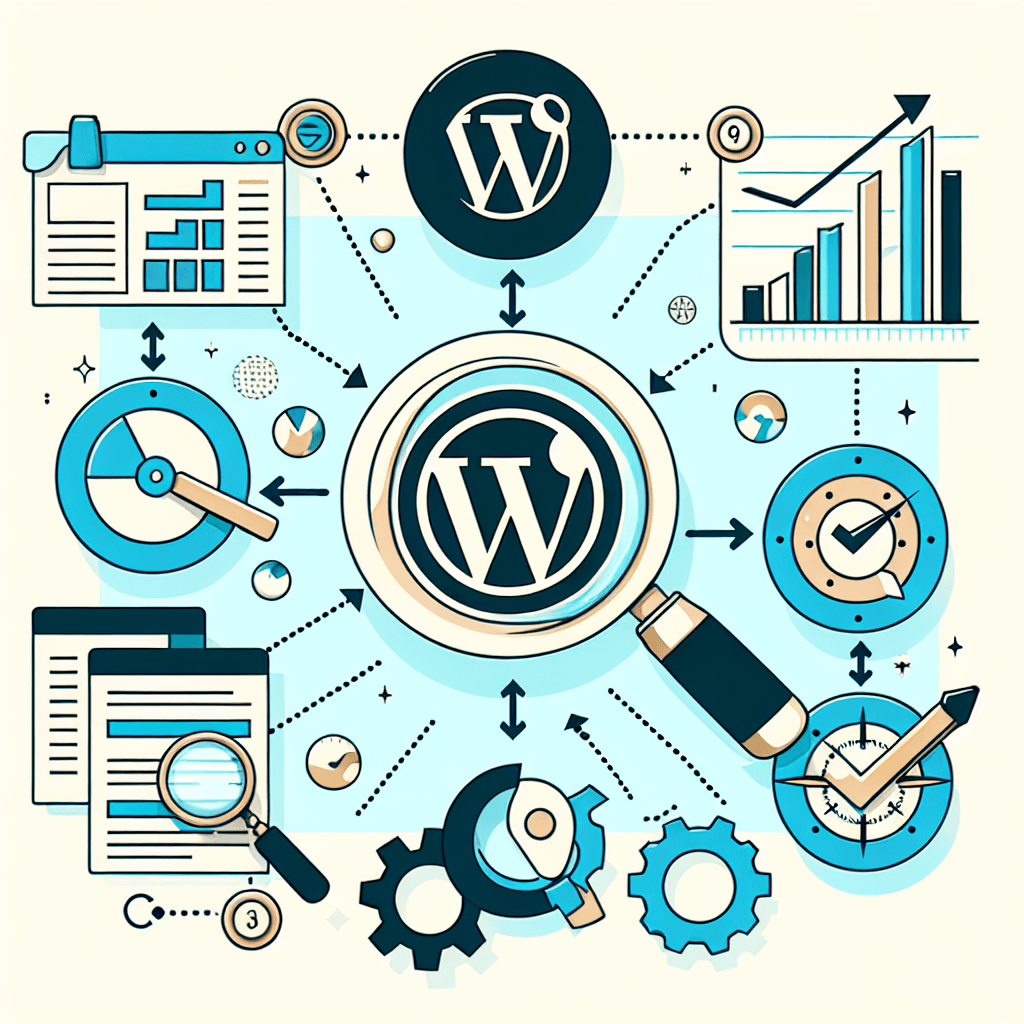 Infografika elementów i narzędzi WordPress, kolorowy styl płaski.