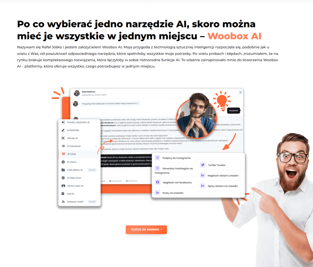 Mężczyzna prezentuje funkcje platformy AI Woobox AI.