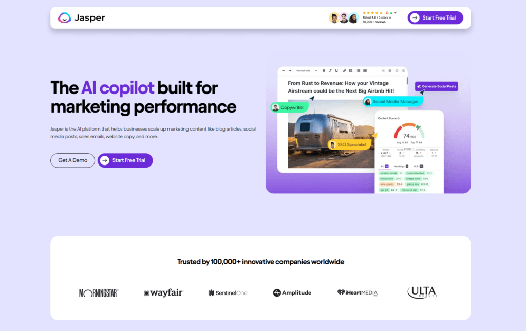 Strona internetowa platformy AI Jasper marketing.
