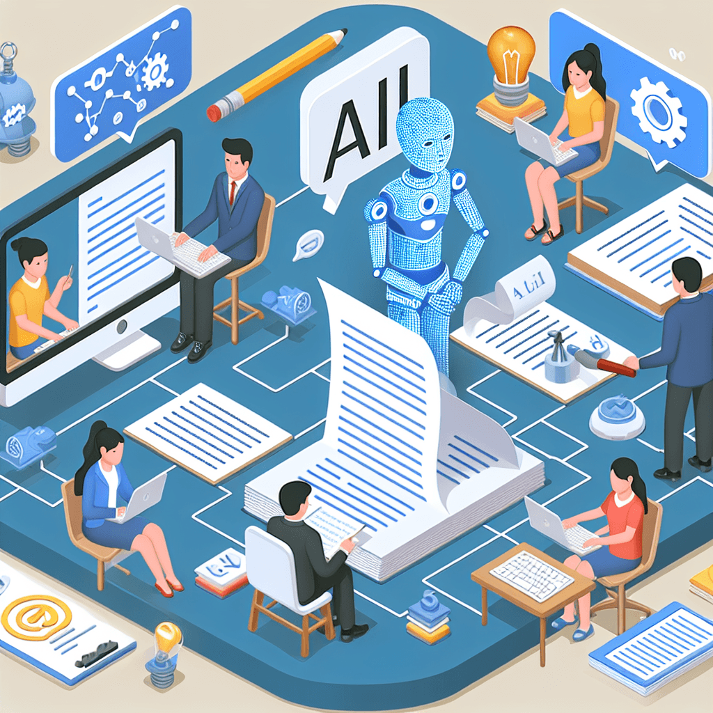 Ilustracja współpracy ludzi z robotem AI.