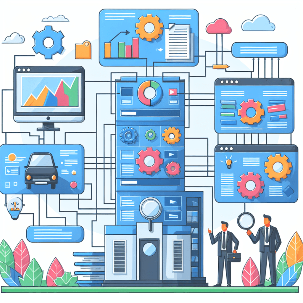 Ilustracja połączeń technologicznych z wykresami i ikonami.