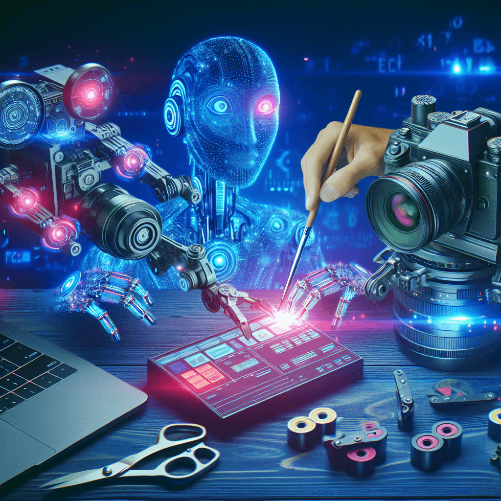 Roboty i aparaty fotograficzne współpracują z ludzką dłonią.