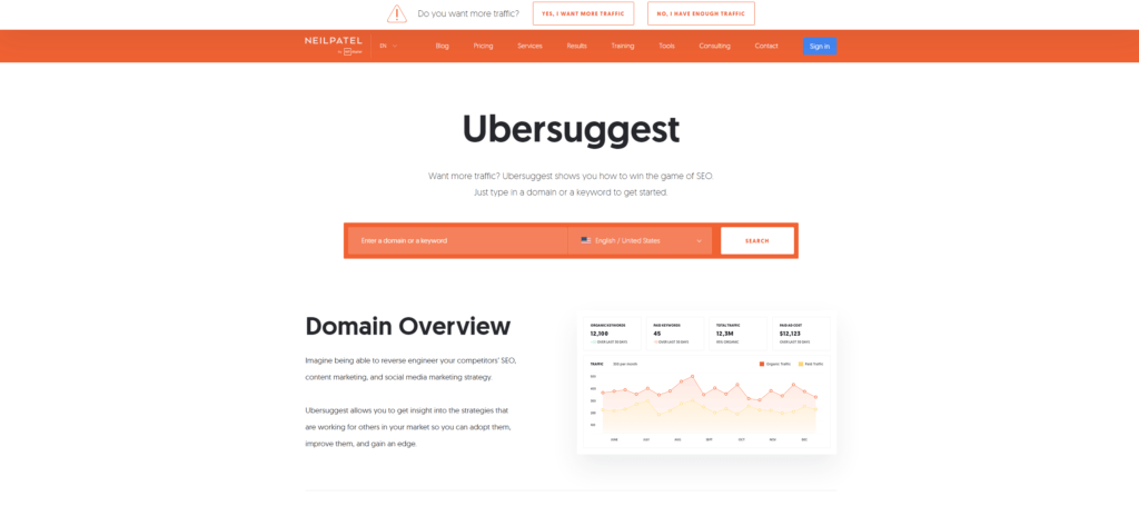 Narzędzie SEO Ubersuggest analiza domeny