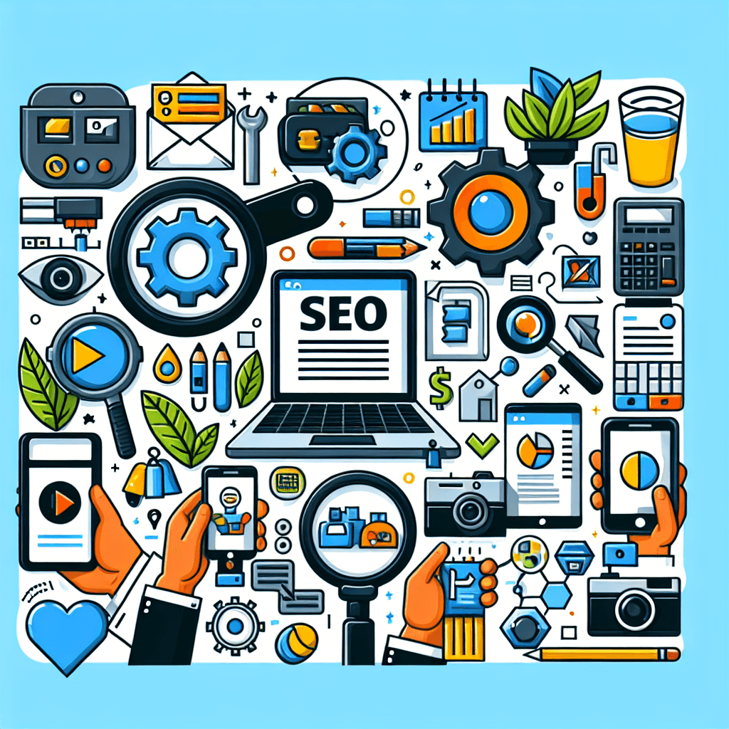 Grafika SEO z ikonami technologicznymi i sprzętem