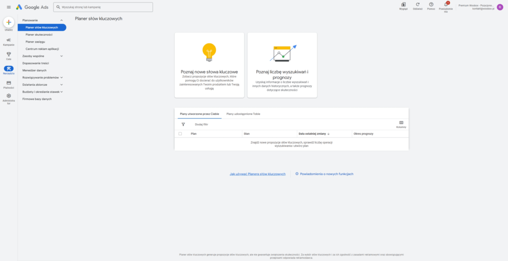 Google Ads planer słów kluczowych ekran główny.