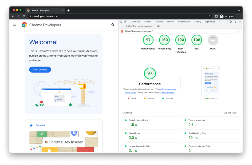 Ekran Chrome Developers z analizą wydajności strony.
