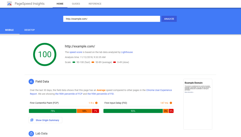 Strona z wynikiem PageSpeed 100 dla example.com