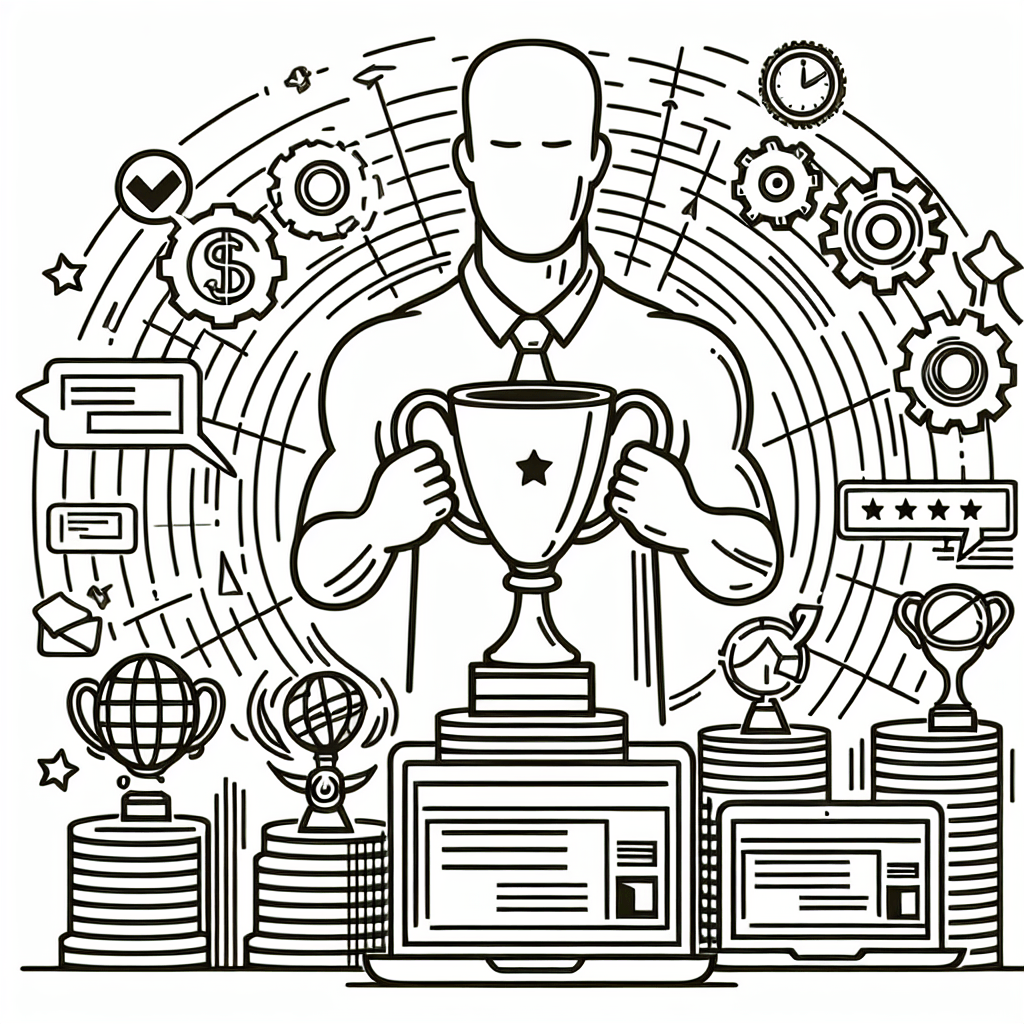 Człowiek trzymający trofeum, symbole sukcesu.