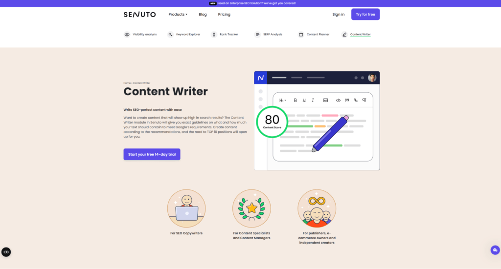 Narzędzie SEO Content Writer od Senuto
