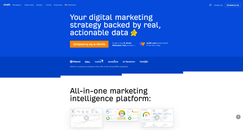 Strona główna Ahrefs, platforma marketingowa.