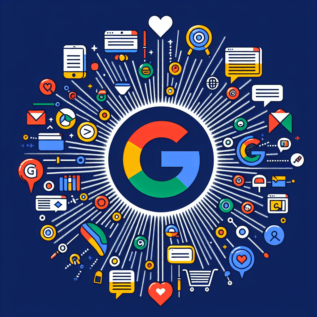 Logo Google otoczone ikonami internetowymi.