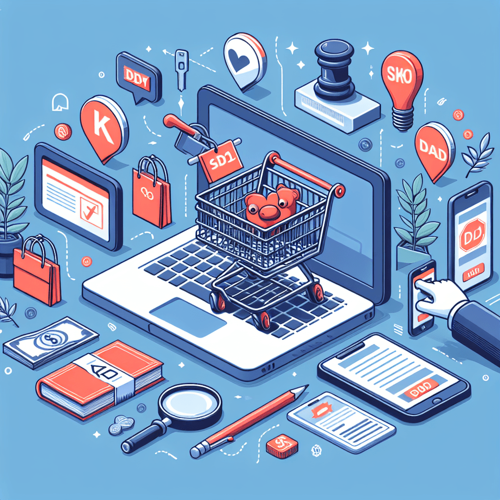 Ilustracja zakupów online na laptopie z ikonami.