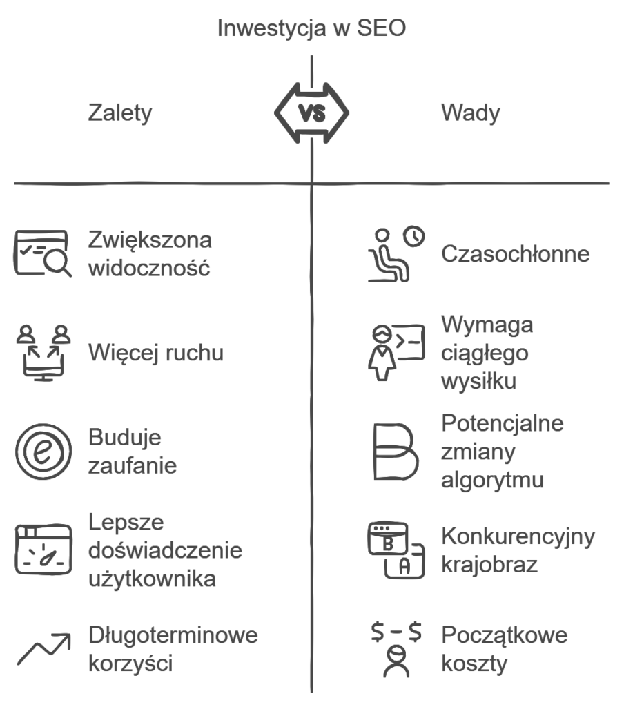 Tabela zalet i wad inwestycji w SEO.