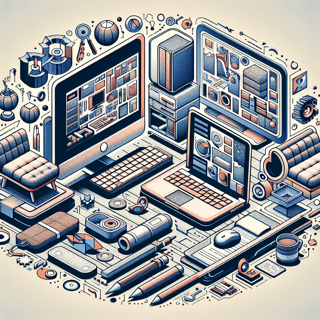 Skomplikowana ilustracja technologii komputerowej i sprzętu biurowego.