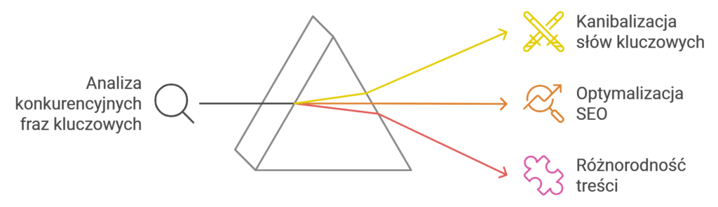 Diagram: analiza fraz, optymalizacja SEO, różnorodność treści.