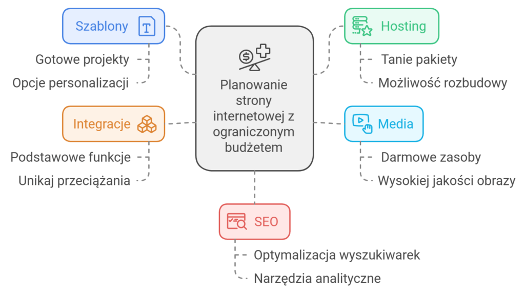 Mapa myśli planowania strony internetowej z budżetem.