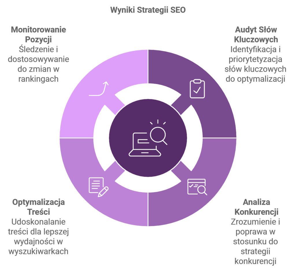 Diagram strategii SEO: monitorowanie, audyt, optymalizacja, analiza.