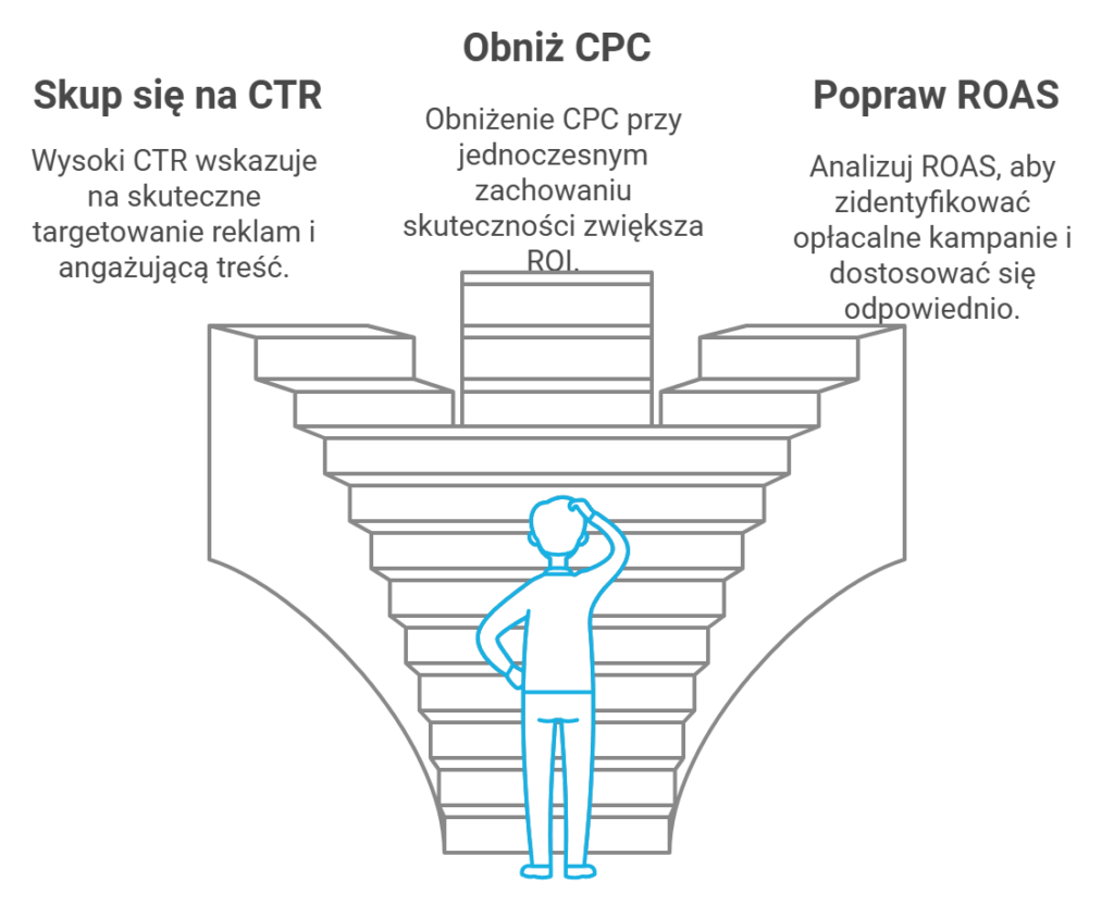 Infografika marketingowa: CTR, CPC, ROAS i schody.