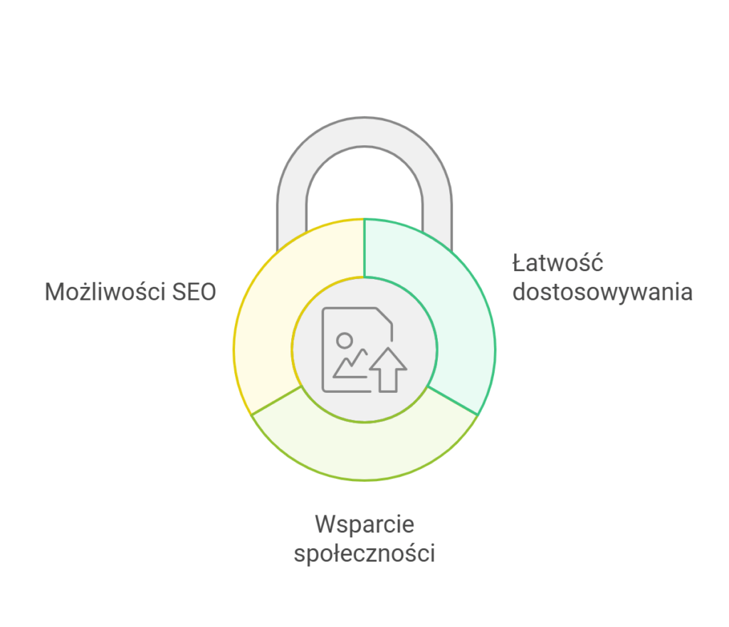 Infografika z kłódką: SEO, dostosowanie, wsparcie społeczności.
