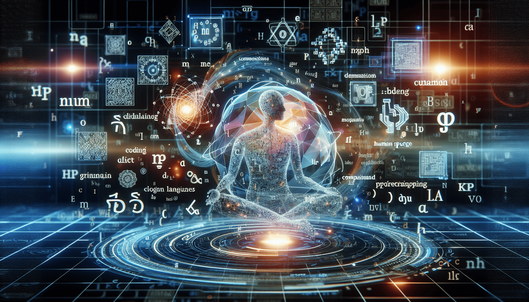 Technologia i medytacja: człowiek otoczony symbolami nauki.