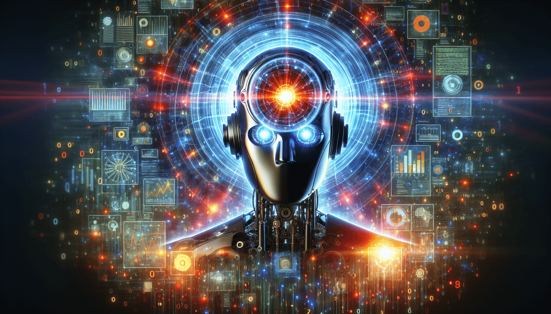 Robot z futurystycznym tłem danych cyfrowych.