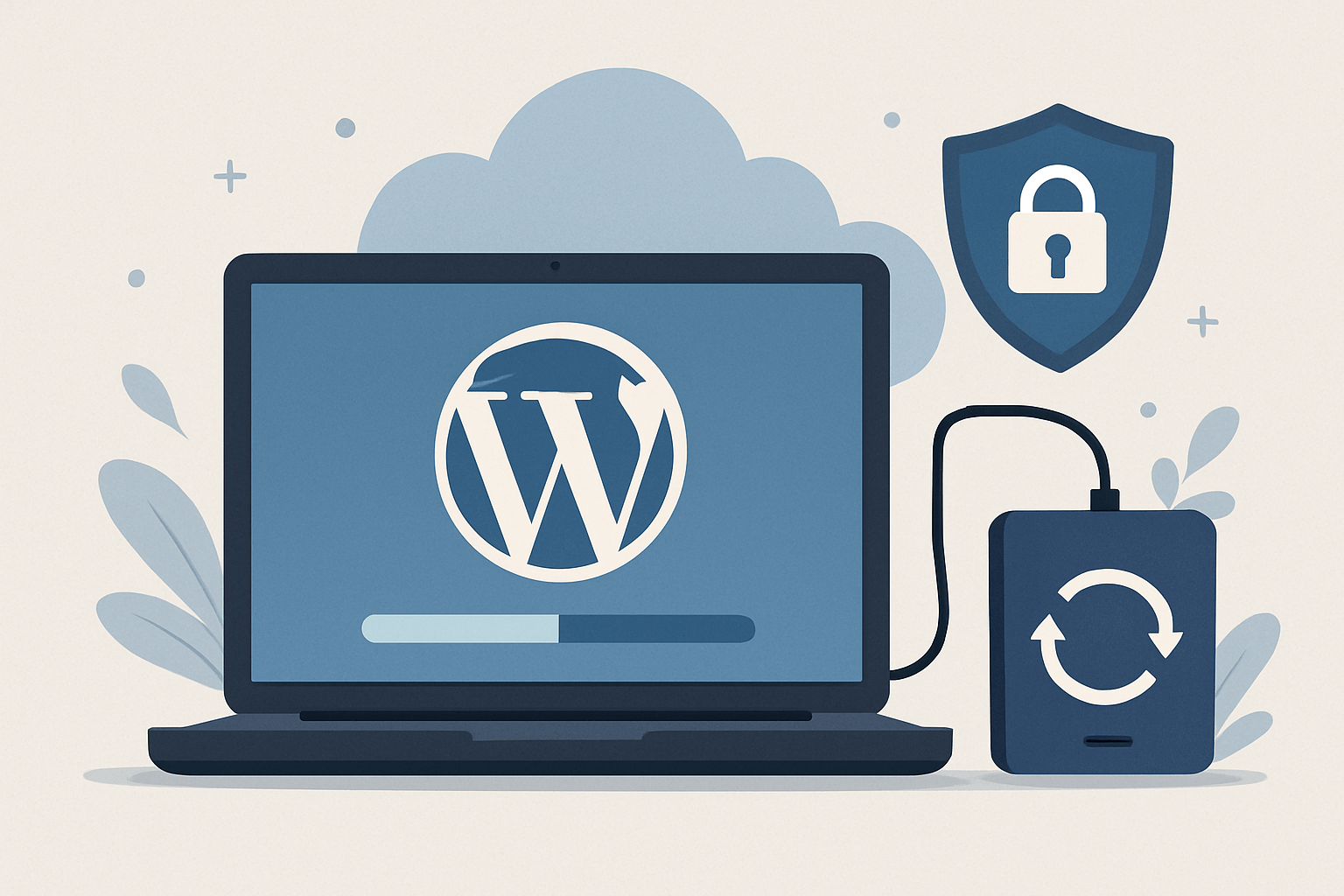 backup wordpress krok po kroku: jak dobrać częstotliwość, zakres i sposób odtwarzania image Laptop z logo WordPress i kopią zapasową